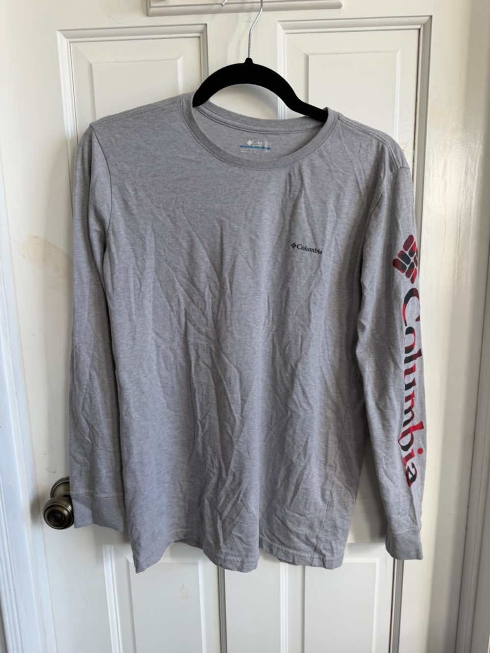 Columbia Long Sleeve Tee in Light Gray with Red Sleeve Logo